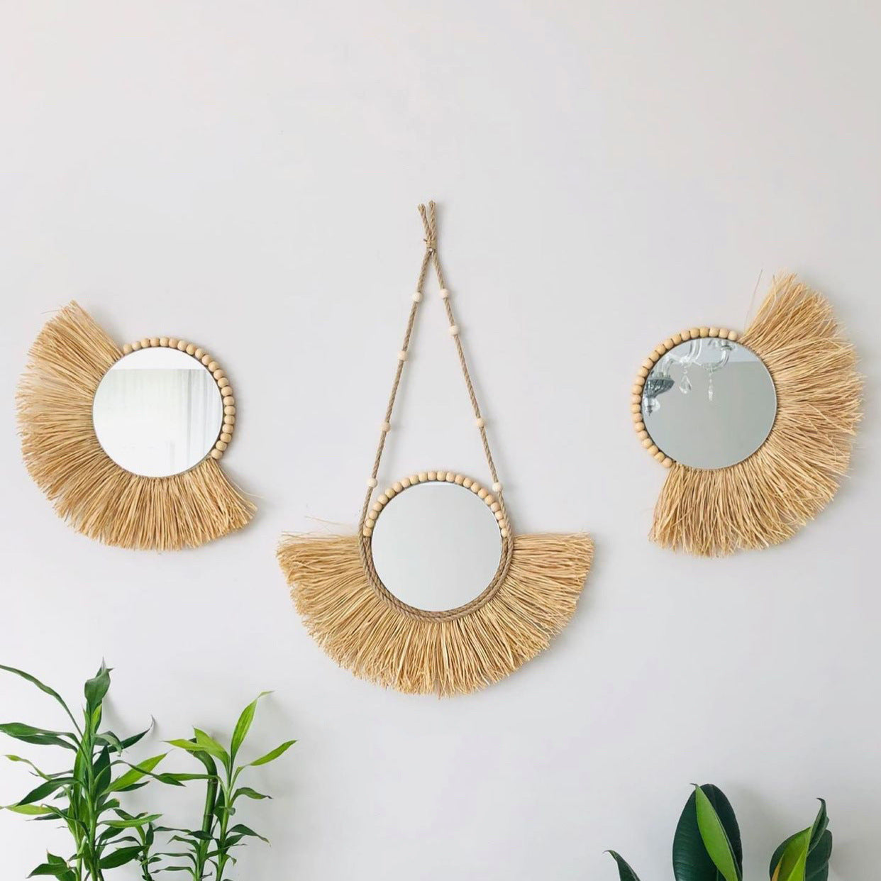 Wooden Bead And Straw Woven Mirror Background Wall Decoration Ornaments